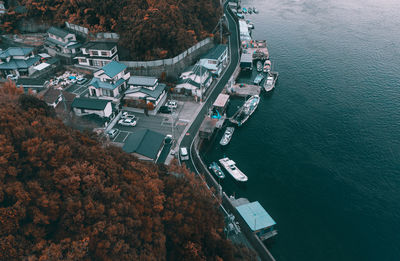 Aerial view of buildings by sea