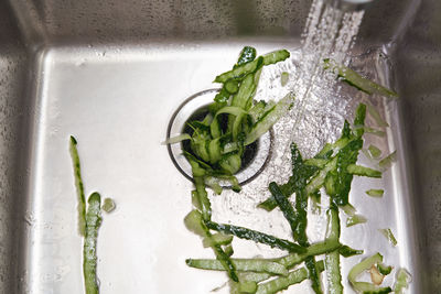 High angle view of chopped vegetables in container