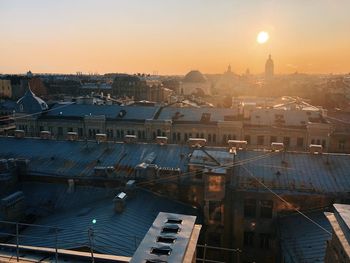 High angle view of cityscape against sky during sunset