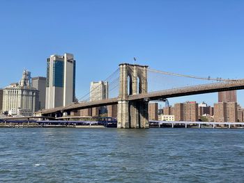 Bridge over river by buildings against clear blue sky