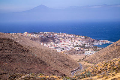 High angle view of city at seaside