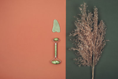 Close-up of flower vase on table against wall