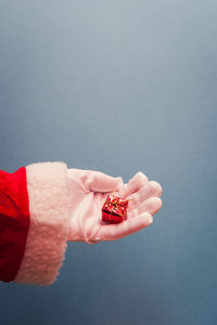 Close-up of hand holding red leaf over white background