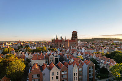 Beautiful architecture of old town in gdansk, poland at sunny day. aerial view from drone of the