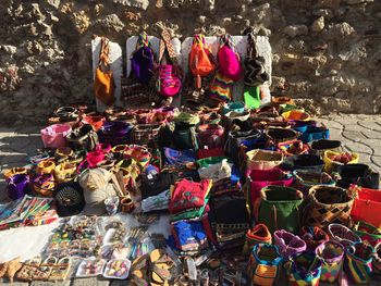 Various colorful bags at market for sale