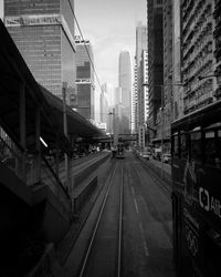 Railroad tracks amidst buildings in city against sky