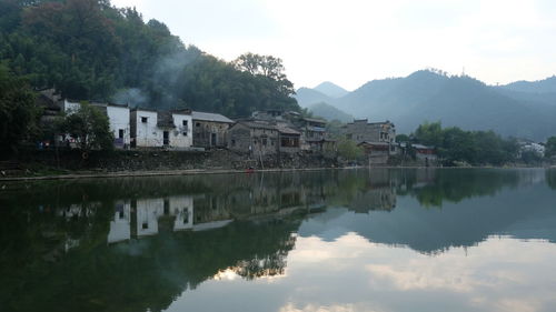 Scenic view of lake and mountains against sky