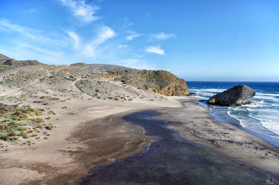 Scenic view of rocks on beach against blue sky