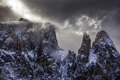 Low angle view of snowcapped mountains against cloudy sky