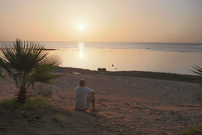 Rear view of people on beach against sky during sunset