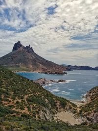 Scenic view of sea and mountains against sky