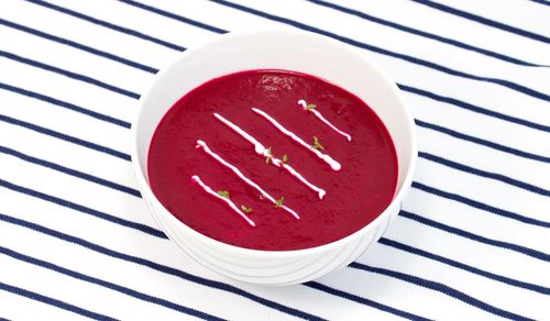 High angle view of healthy soup on table