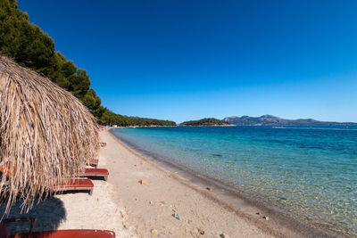 Scenic view of beach against clear blue sky