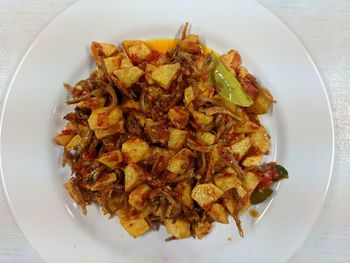 High angle view of food served in plate