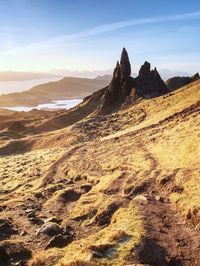 Famous exposed rocks old man of storr, north hill in isle of skye island of highlands in scotland