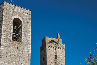 Low angle view of historic building against clear blue sky