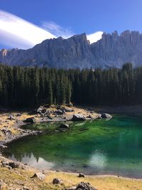 Scenic view of lake and mountains against sky