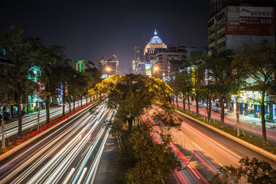 Light trails on road at night