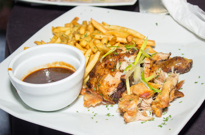 Close-up of food served in plate on table