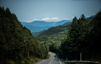 Road amidst trees and mountains against sky