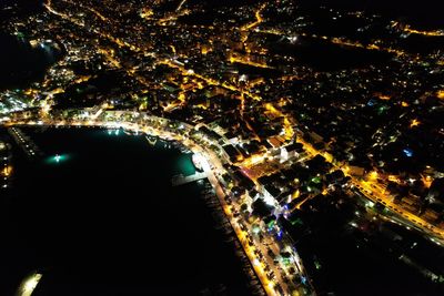 High angle view of illuminated buildings at night