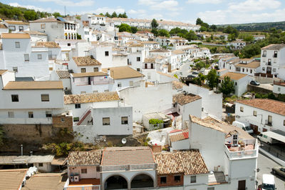 High angle view of buildings in town