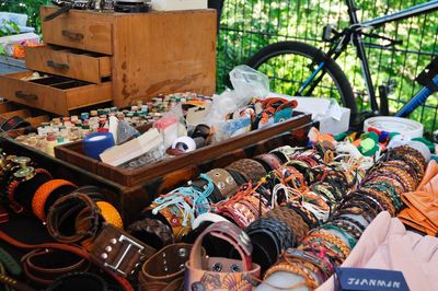 High angle view of bracelet for sale at market stall