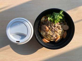 High angle view of food in bowl on table