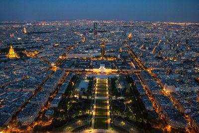 High angle view of city buildings at night