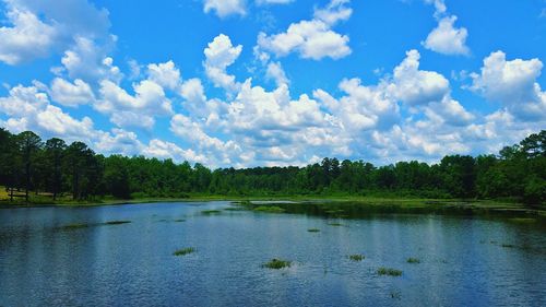 Scenic view of lake against cloudy sky