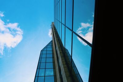 Low angle view of modern building against blue sky