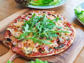 High angle view of pizza on table