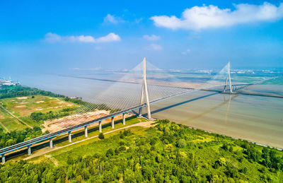 High angle view of bridge over road against sky