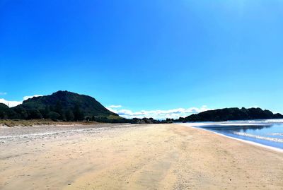 Scenic view of beach against clear blue sky