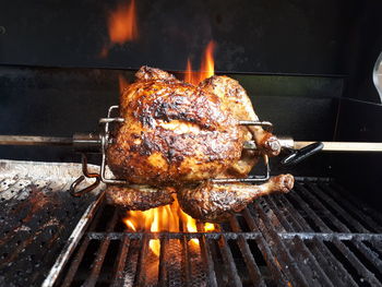 High angle view of food on barbecue grill