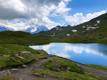 Scenic view of lake and mountains against sky