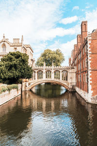 Bridge over canal by buildings against sky