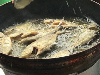 High angle view of meat in container