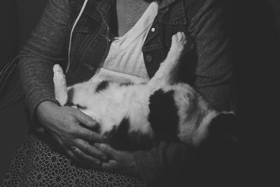 Close-up of man with cat sitting on hand