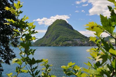 Landscape of the beautiful monte san salvatore also known as mount san salvatore and the lake lugano