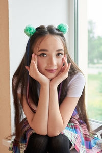 High school student is sitting on the windowsill. anime style