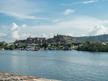 Scenic view of sea by buildings against sky