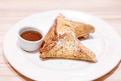 High angle view of breakfast in plate on table