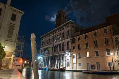 Reflection of buildings in city at night