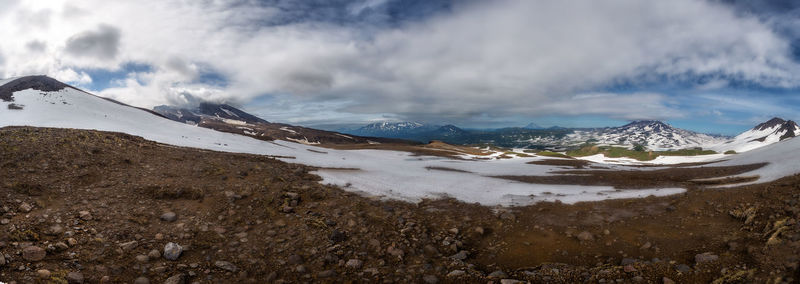 Panoramic view of snowcapped mountains against sky