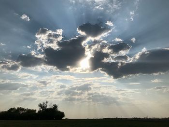 Sunlight streaming through silhouette trees on field against sky