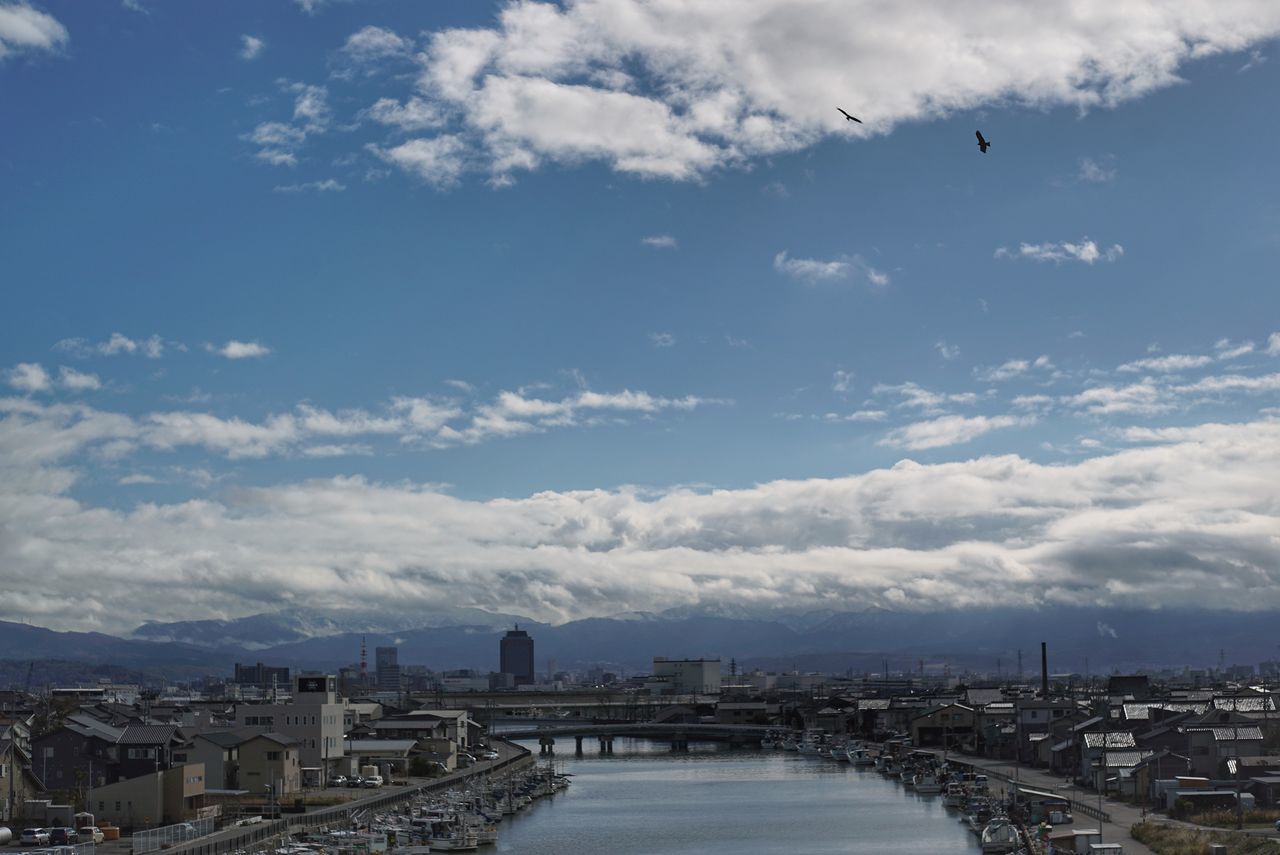 architecture, built structure, sky, building exterior, cloud - sky, water, no people, river, day, outdoors, city, travel destinations, flying, bird, cityscape, nature, animal themes