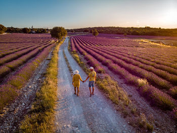 Rear view of people on agricultural field against sky