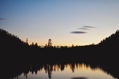 Silhouette trees by lake against sky during sunset