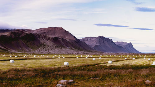 Scenic view of field and mountains against sky